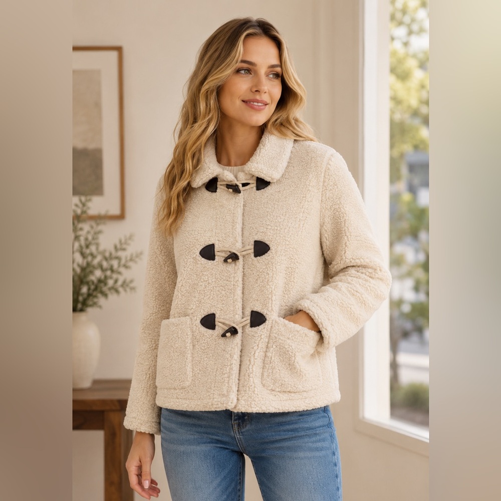 LOFT Outlet Sherpa Fleece Toggle Jacket Cream Teddy Coat XS